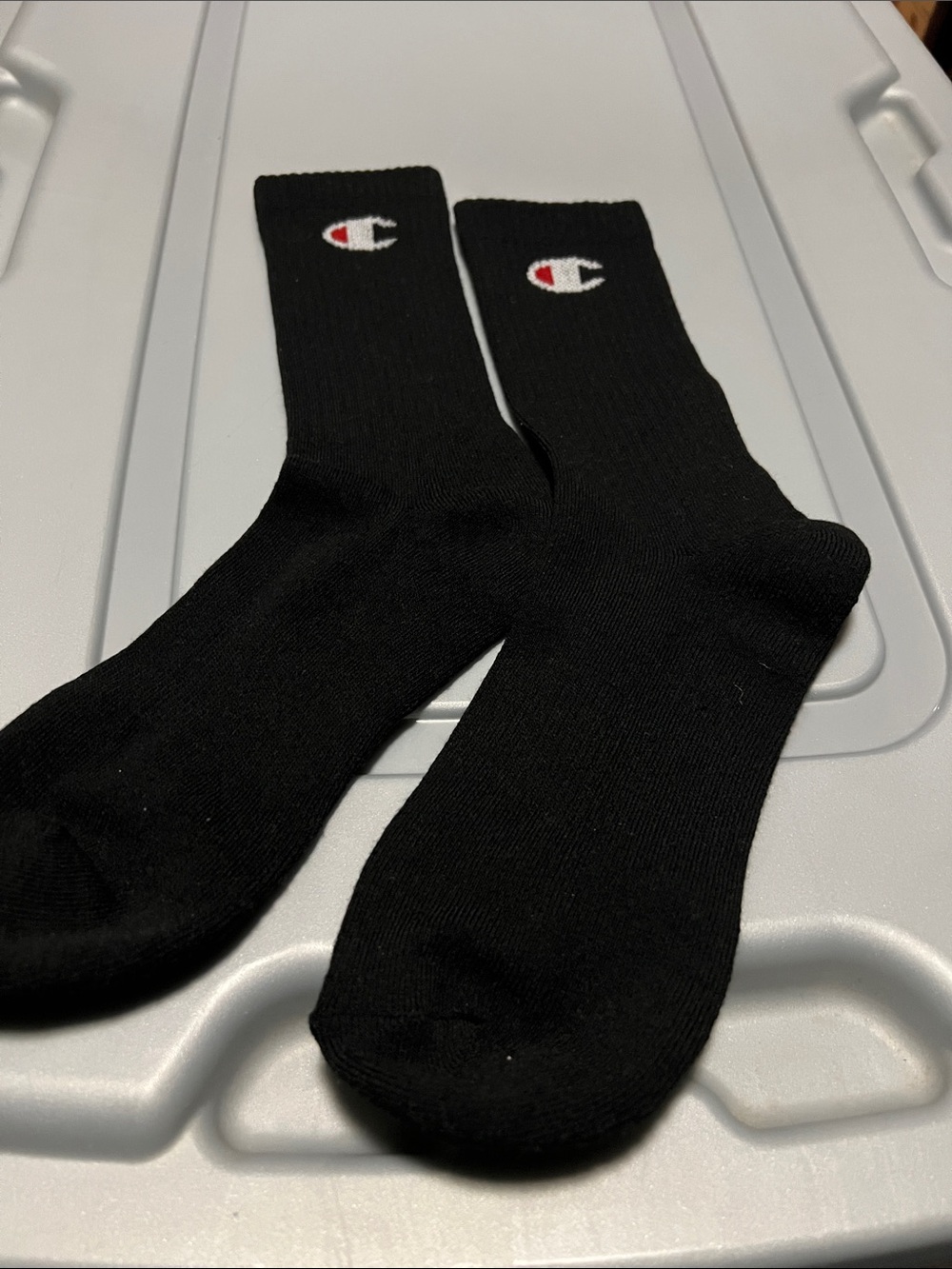 Champion Black Crew Socks with Red & White Logo Sz large
